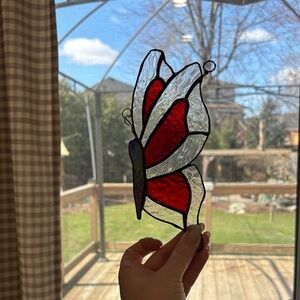 Handmade Red and Clear Stained Glass Butterfly Suncatcher